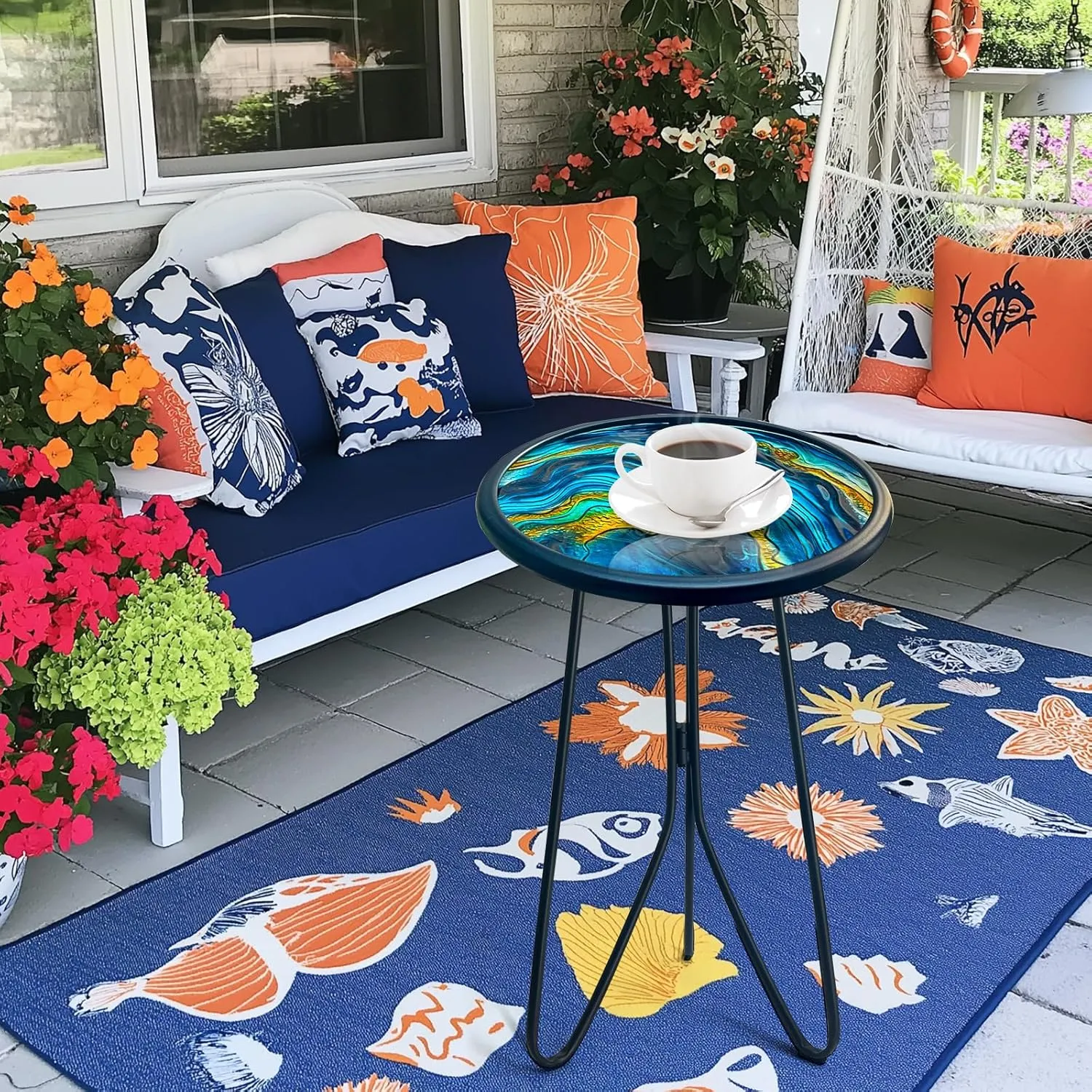 LIFFY Patio Side Tables,12" Indoor Outdoor Metal Side Table with Glass Tabletop,Round Decorative Plant Stand & Accent Table for Garden, Yard, Balcony, Backyard, Porch