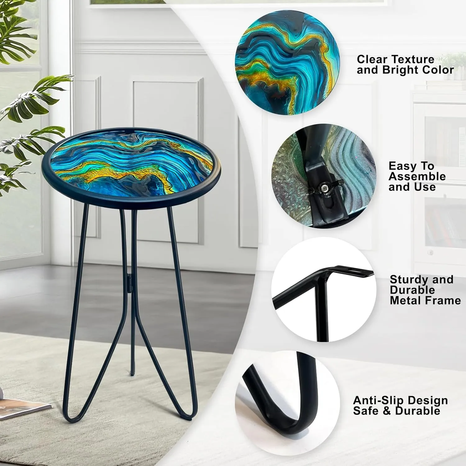 LIFFY Patio Side Tables,12" Indoor Outdoor Metal Side Table with Glass Tabletop,Round Decorative Plant Stand & Accent Table for Garden, Yard, Balcony, Backyard, Porch