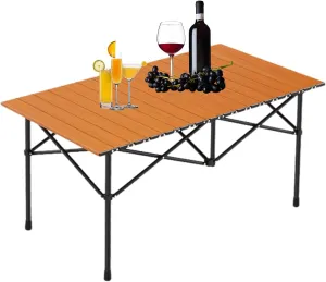 Lightweight Folding Camping Table, Portable Aluminum Table with Carry Bag, Perfect for Camping, Backpacking, Beach, and Outdoor Parties Wood Color 95×55×50cm/37×21×19.7in
