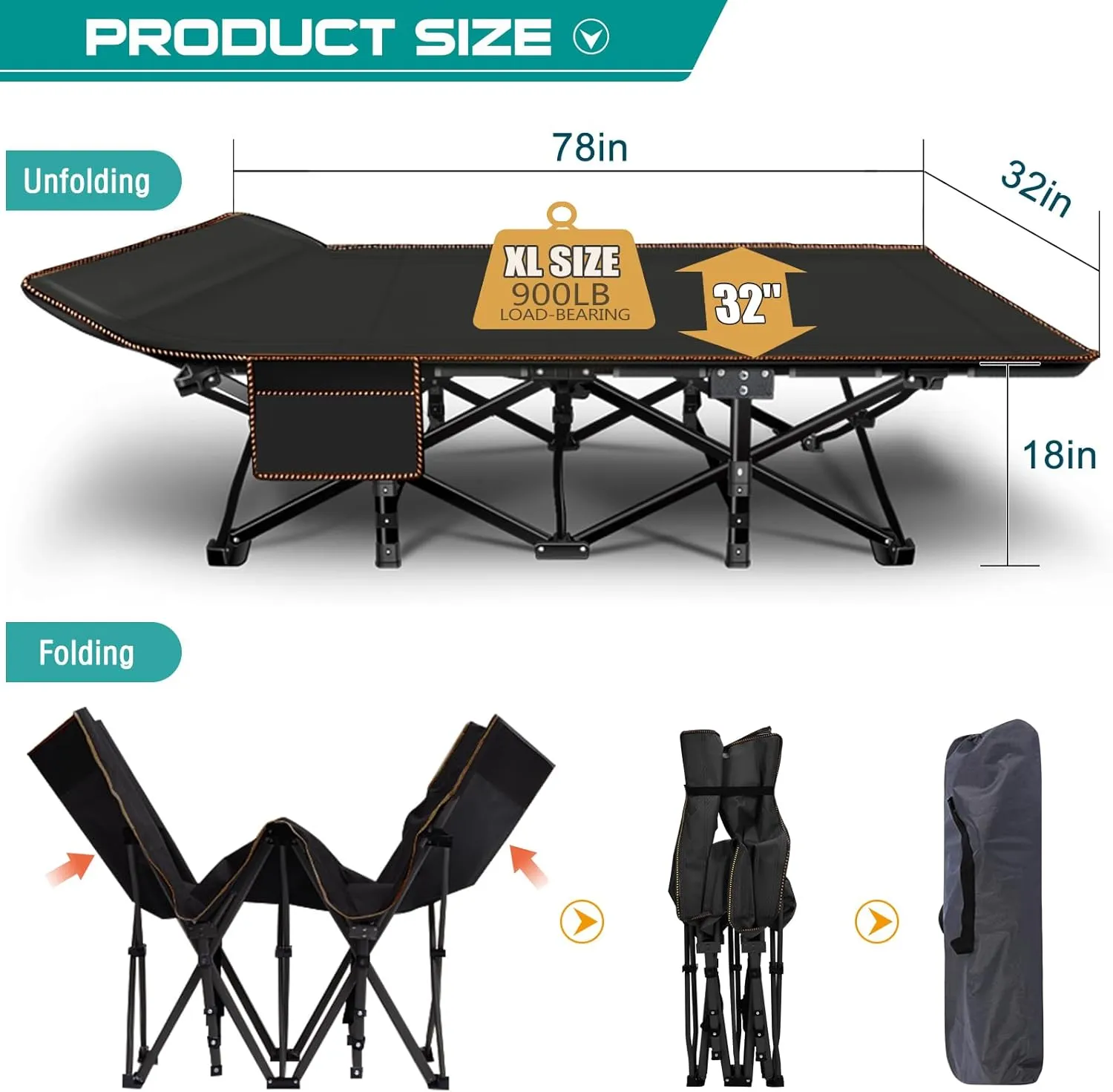 LILYPELLE Folding Camping Cot, Heavy Duty Sleeping Cots with Carry Bag, Double Layer Oxford Portable Travel Camp Cots for Home, Office Nap and Outdoor Beach