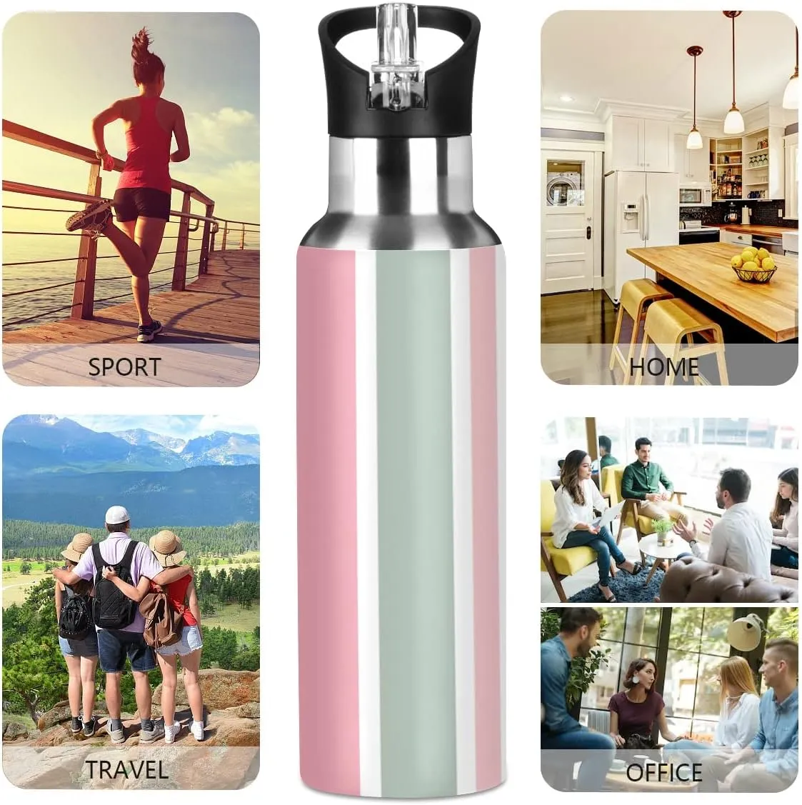 linqin Abstract Colorful Stripe Stainless Steel Insulated Water Bottle with Straw, BPA Free Leakproof Reusable Drink Jug for Fitness Sports Hiking Outdoors