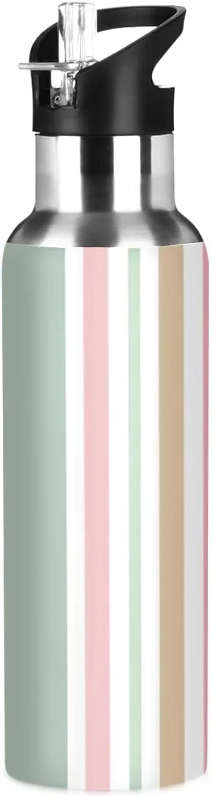 linqin Abstract Colorful Stripe Stainless Steel Insulated Water Bottle with Straw, BPA Free Leakproof Reusable Drink Jug for Fitness Sports Hiking Outdoors