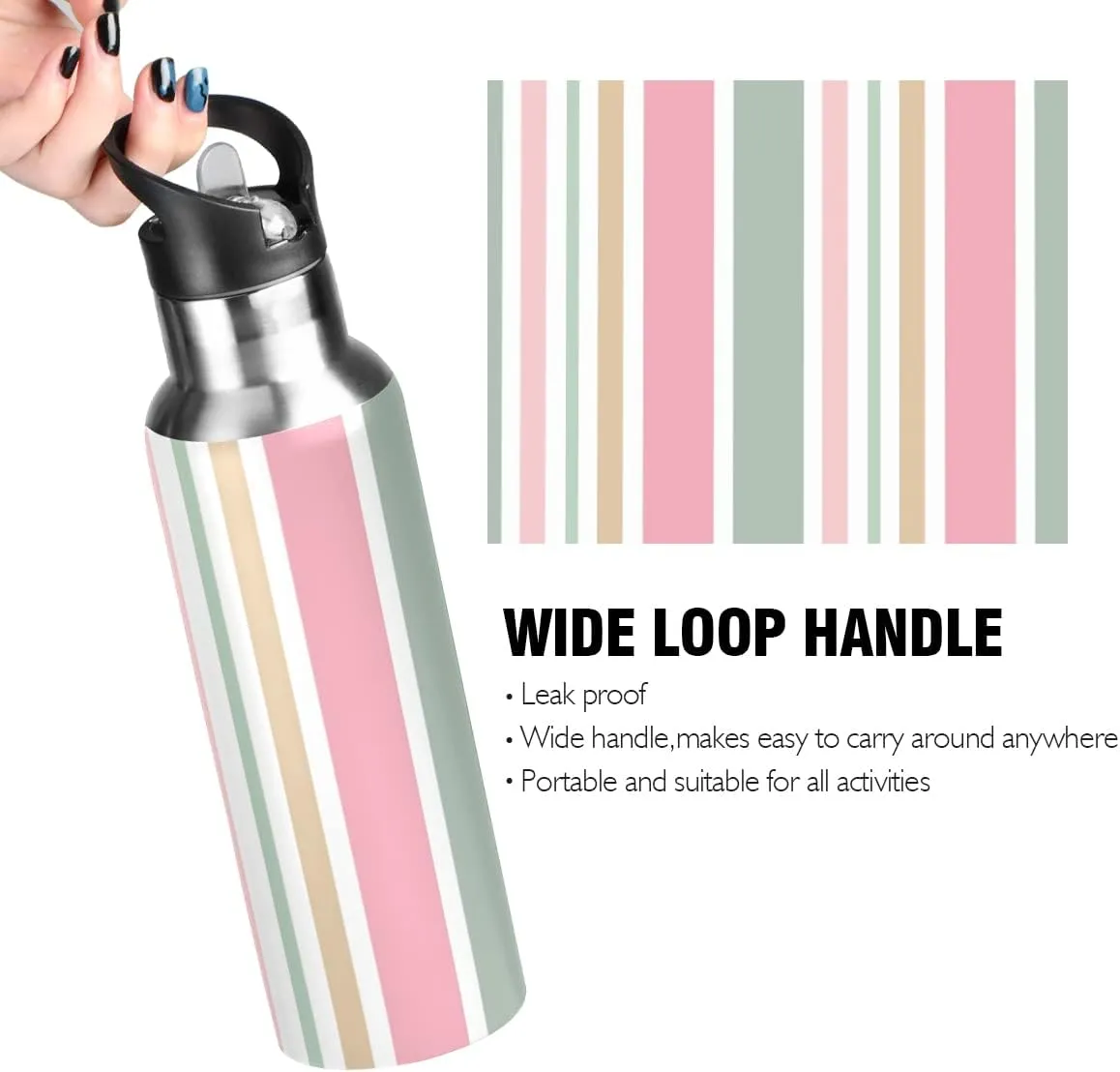 linqin Abstract Colorful Stripe Stainless Steel Insulated Water Bottle with Straw, BPA Free Leakproof Reusable Drink Jug for Fitness Sports Hiking Outdoors