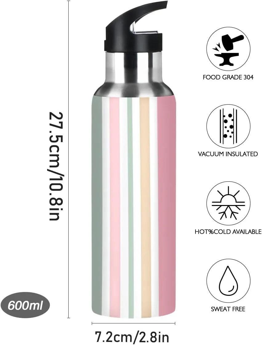 linqin Abstract Colorful Stripe Stainless Steel Insulated Water Bottle with Straw, BPA Free Leakproof Reusable Drink Jug for Fitness Sports Hiking Outdoors