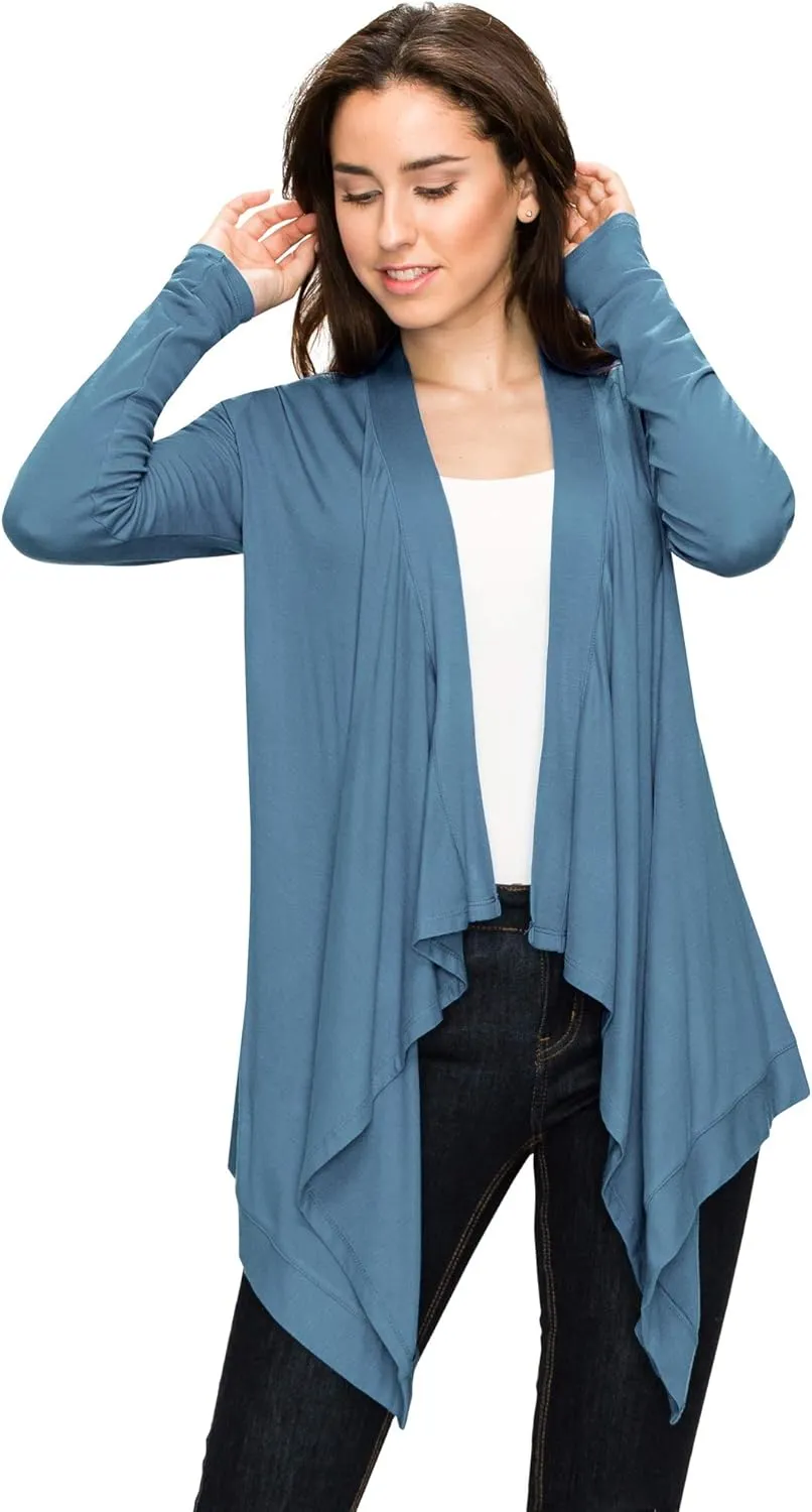 Lock and Love Women's Draped Front Open Asymmetrical Cardigan - Casual Long Sleeve Lightweight Duster