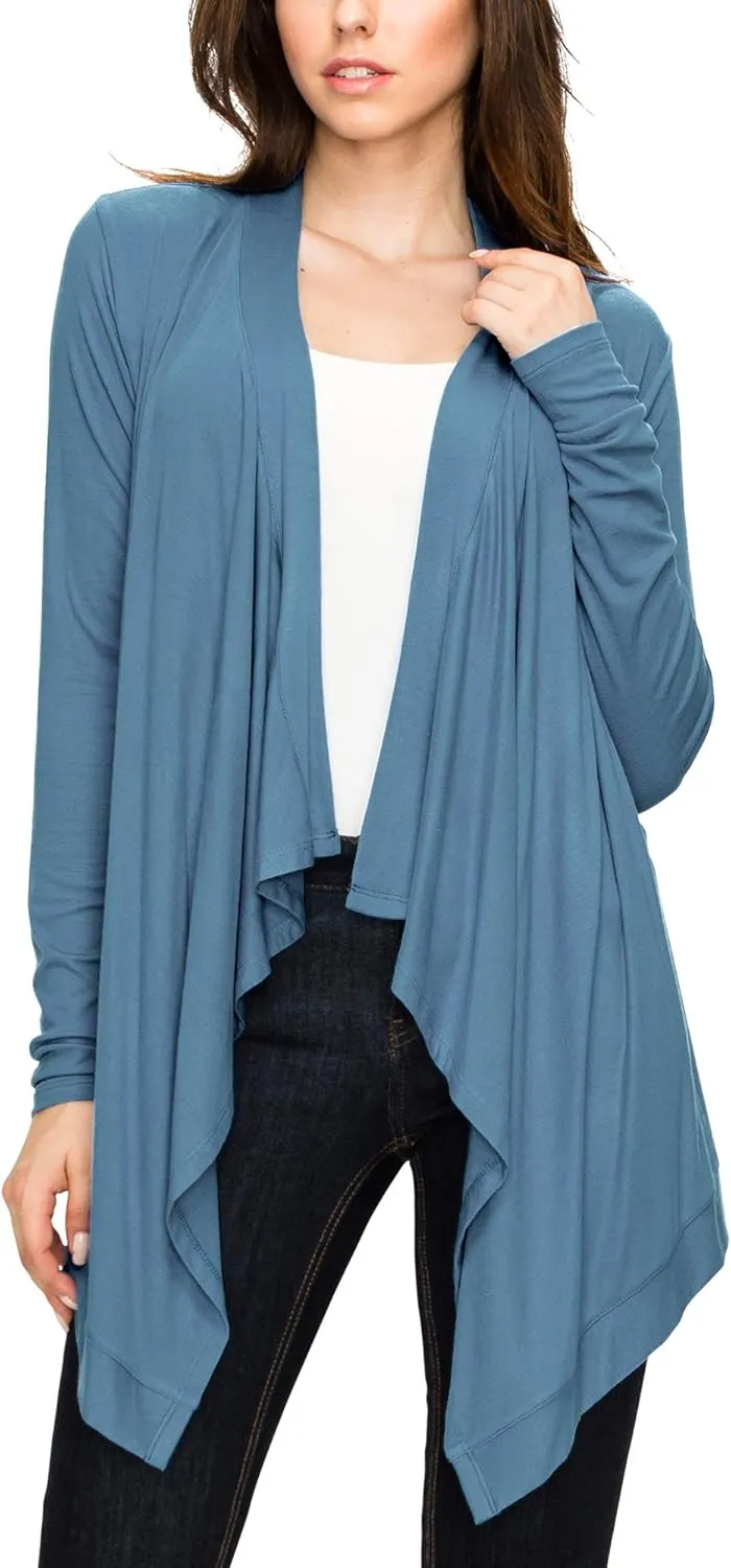 Lock and Love Women's Draped Front Open Asymmetrical Cardigan - Casual Long Sleeve Lightweight Duster