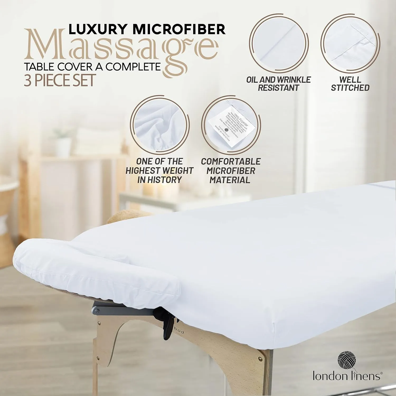 LONDON LINENS Soft Microfiber Massage Table Sheets Set 3 Piece Set - Includes Massage Table Cover, Massage Fitted Sheet, and Massage Face Rest Cover (White)