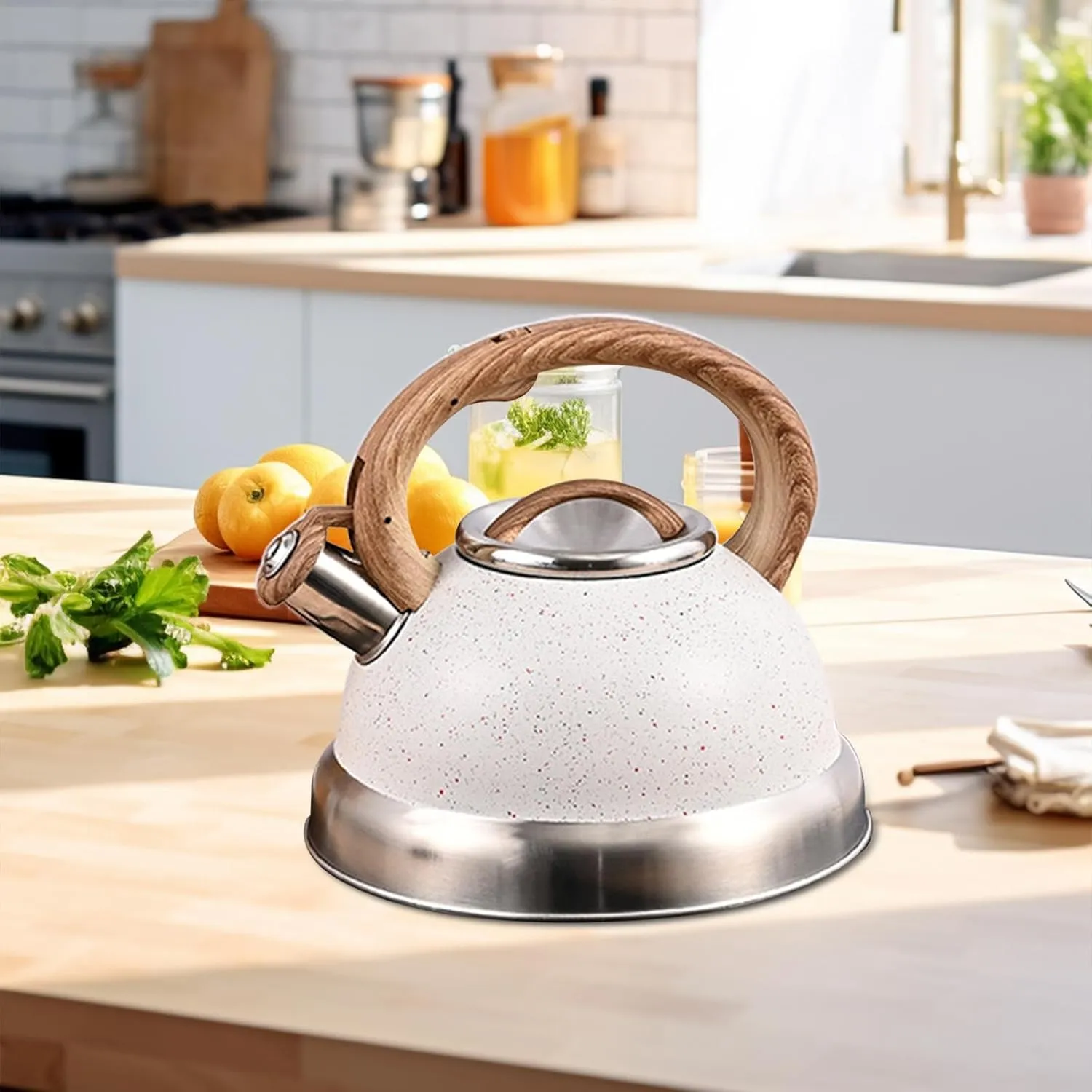 Loud Whistle Kettle Stainless Steel Heats up Quickly Cooker Modern Coffee Kettle Tea Maker for Hiking Outdoor Barbecue Picnic, White