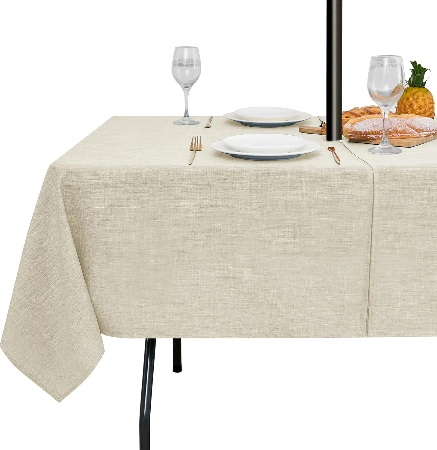LUSHVIDA Outdoor Tablecloth with Umbrella Hole - Patio Table Cloth Zippered Rectangle 60x120 Inch, Beige Faux Linen Table Cover Water Resistant for Picnic Outside