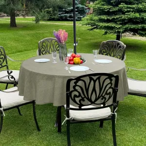 LUSHVIDA Outdoor Tablecloth with Umbrella Hole - Patio Table Cloth Zippered Round 60 Inch, Khaki Faux Linen Table Cover Water Resistant for Picnic Outside