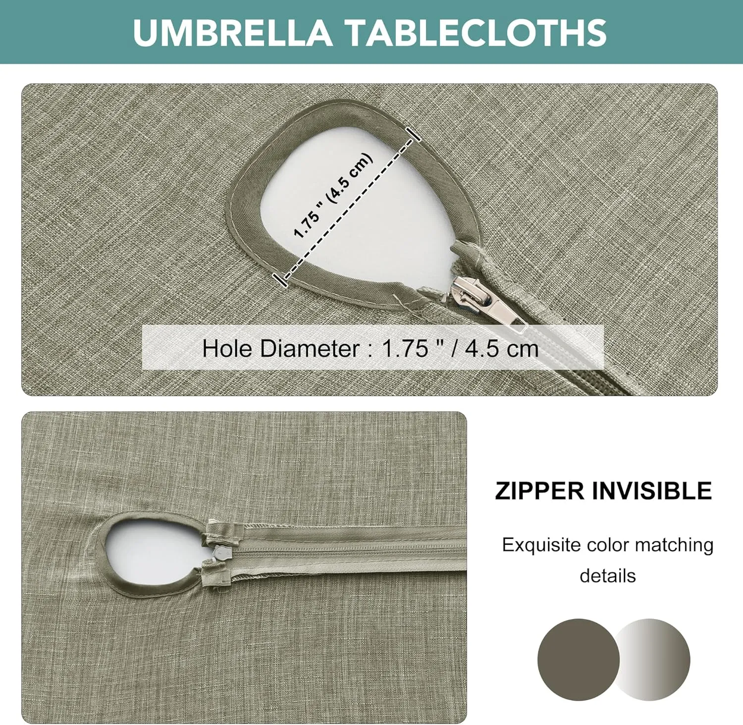 LUSHVIDA Outdoor Tablecloth with Umbrella Hole - Patio Table Cloth Zippered Round 60 Inch, Khaki Faux Linen Table Cover Water Resistant for Picnic Outside