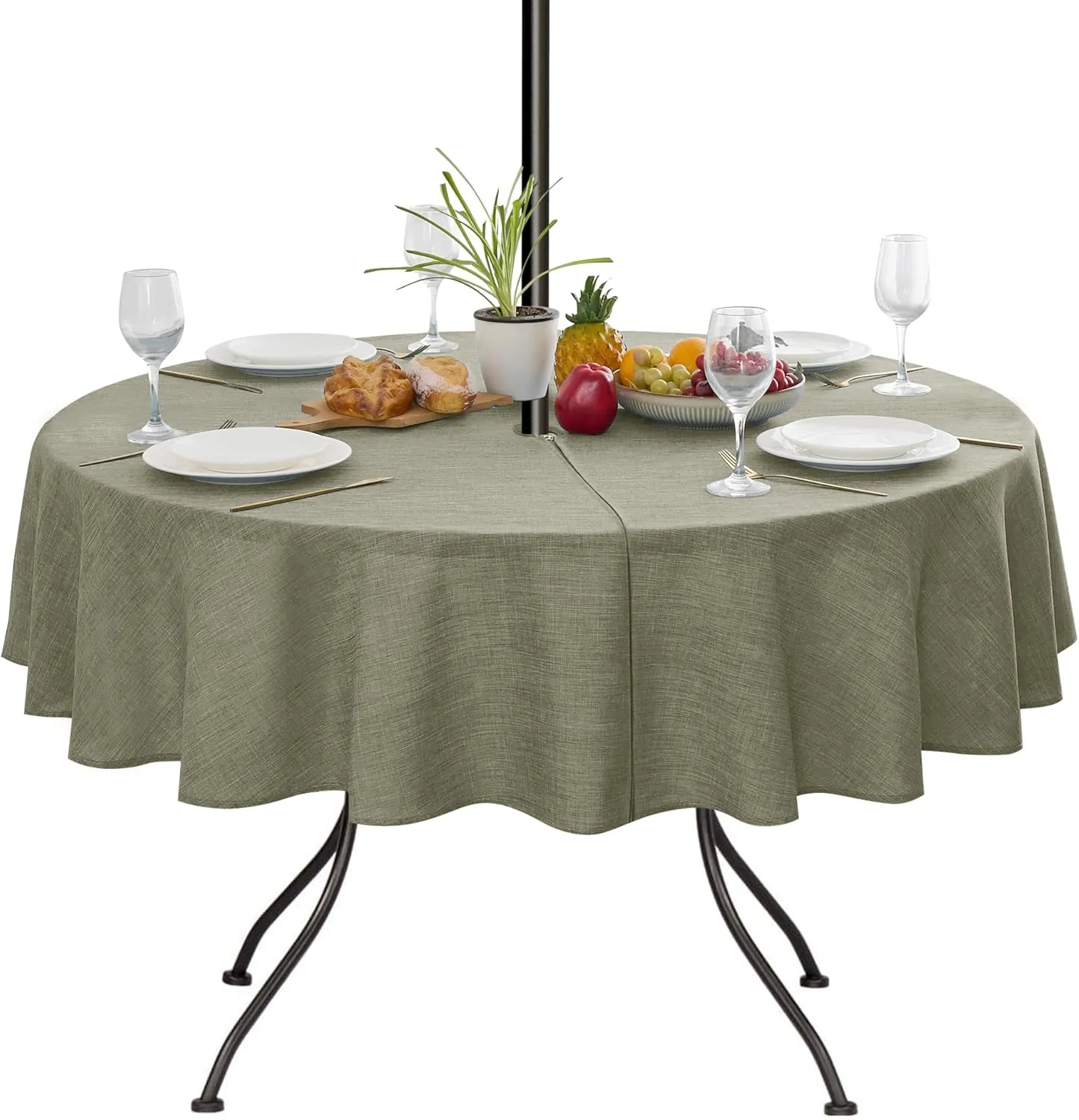LUSHVIDA Outdoor Tablecloth with Umbrella Hole - Patio Table Cloth Zippered Round 60 Inch, Khaki Faux Linen Table Cover Water Resistant for Picnic Outside