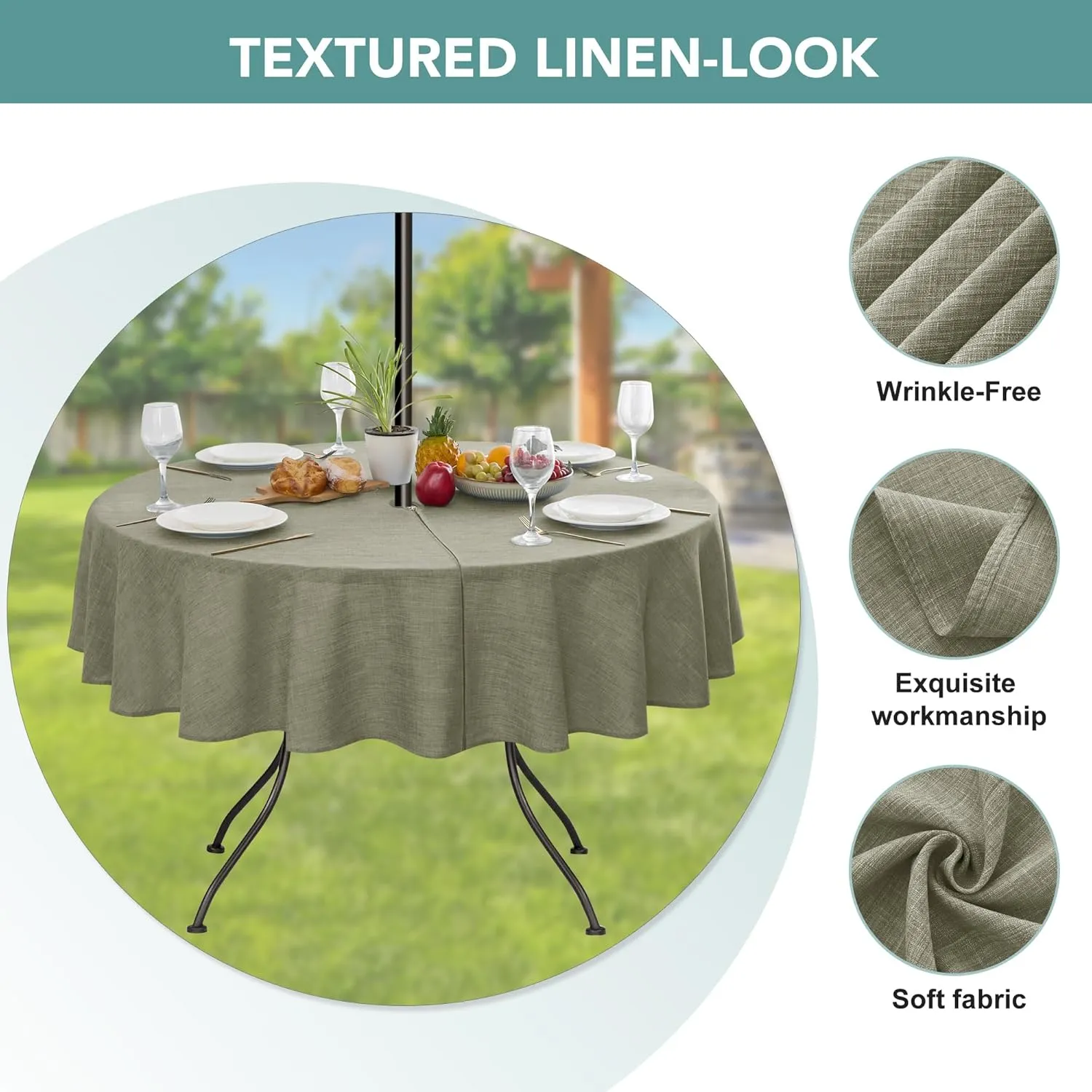 LUSHVIDA Outdoor Tablecloth with Umbrella Hole - Patio Table Cloth Zippered Round 60 Inch, Khaki Faux Linen Table Cover Water Resistant for Picnic Outside