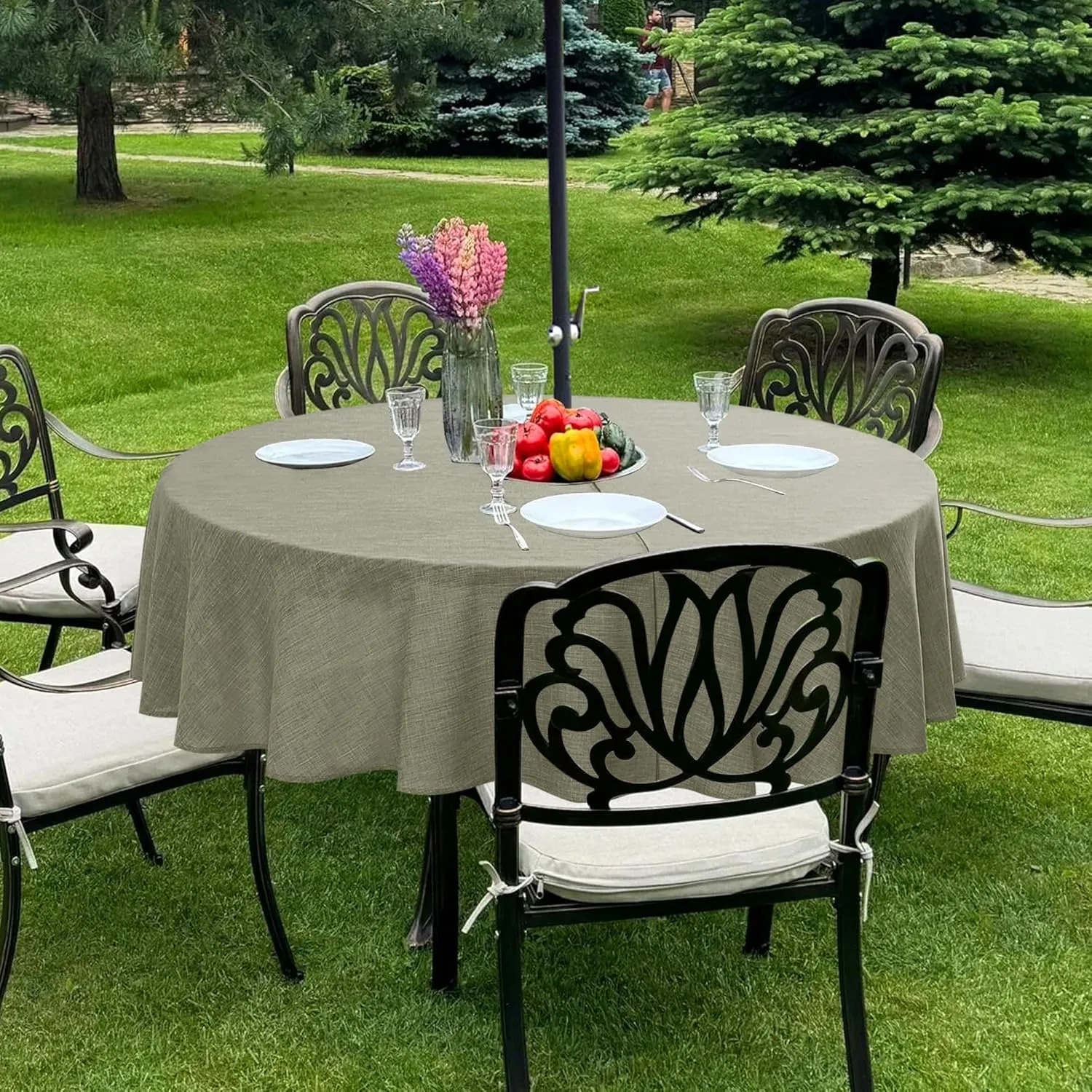 LUSHVIDA Outdoor Tablecloth with Umbrella Hole - Patio Table Cloth Zippered Round 60 Inch, Khaki Faux Linen Table Cover Water Resistant for Picnic Outside