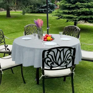 LUSHVIDA Outdoor Tablecloth with Umbrella Hole - Patio Table Cloth Zippered Round 60 Inch, Light Gray Faux Linen Table Cover Water Resistant for Picnic Outside