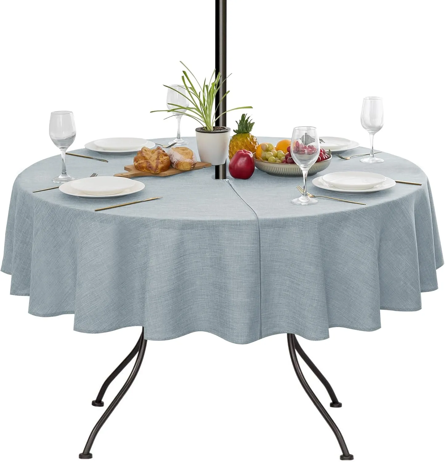 LUSHVIDA Outdoor Tablecloth with Umbrella Hole - Patio Table Cloth Zippered Round 60 Inch, Light Gray Faux Linen Table Cover Water Resistant for Picnic Outside
