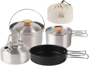 lyrlody Camping Cookware Set, Stainless Steel Pot Frying Kettle Set with Storage Bag, Foldable Camping Pots for Camping Outdoor Hiking Picnic BBQ