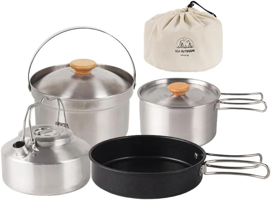 lyrlody Camping Cookware Set, Stainless Steel Pot Frying Kettle Set with Storage Bag, Foldable Camping Pots for Camping Outdoor Hiking Picnic BBQ