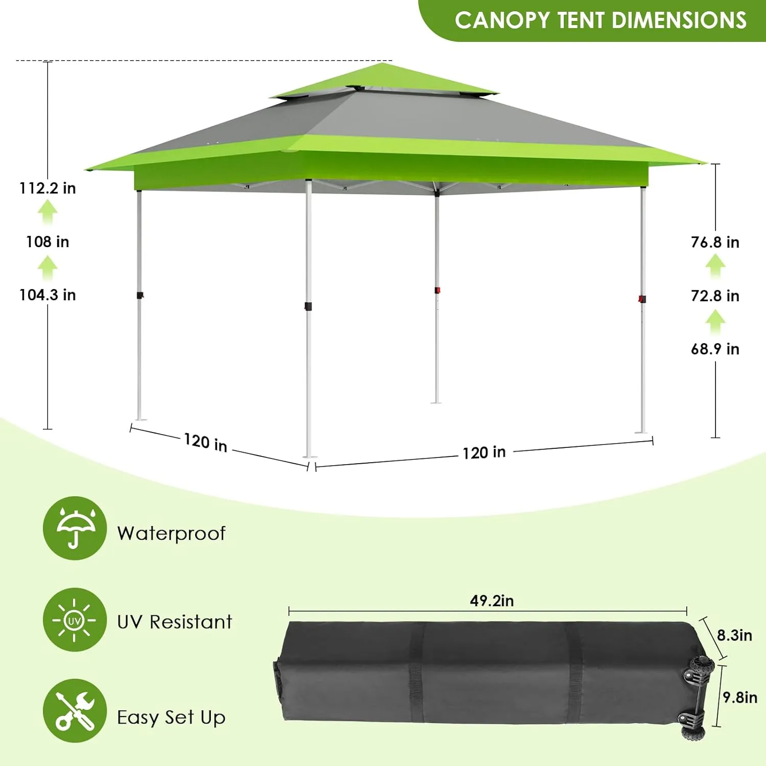 MAMIZO 12ft Easy Set-up Canopy Tent, Instant Outdoor Straight Leg Canopy w/Auto Extending Eaves, One Person Folding Commercial Shelter w/Upgraded Wheeled Bag, 144 sq.ft Sun Shade (Green, 12X12FT)
