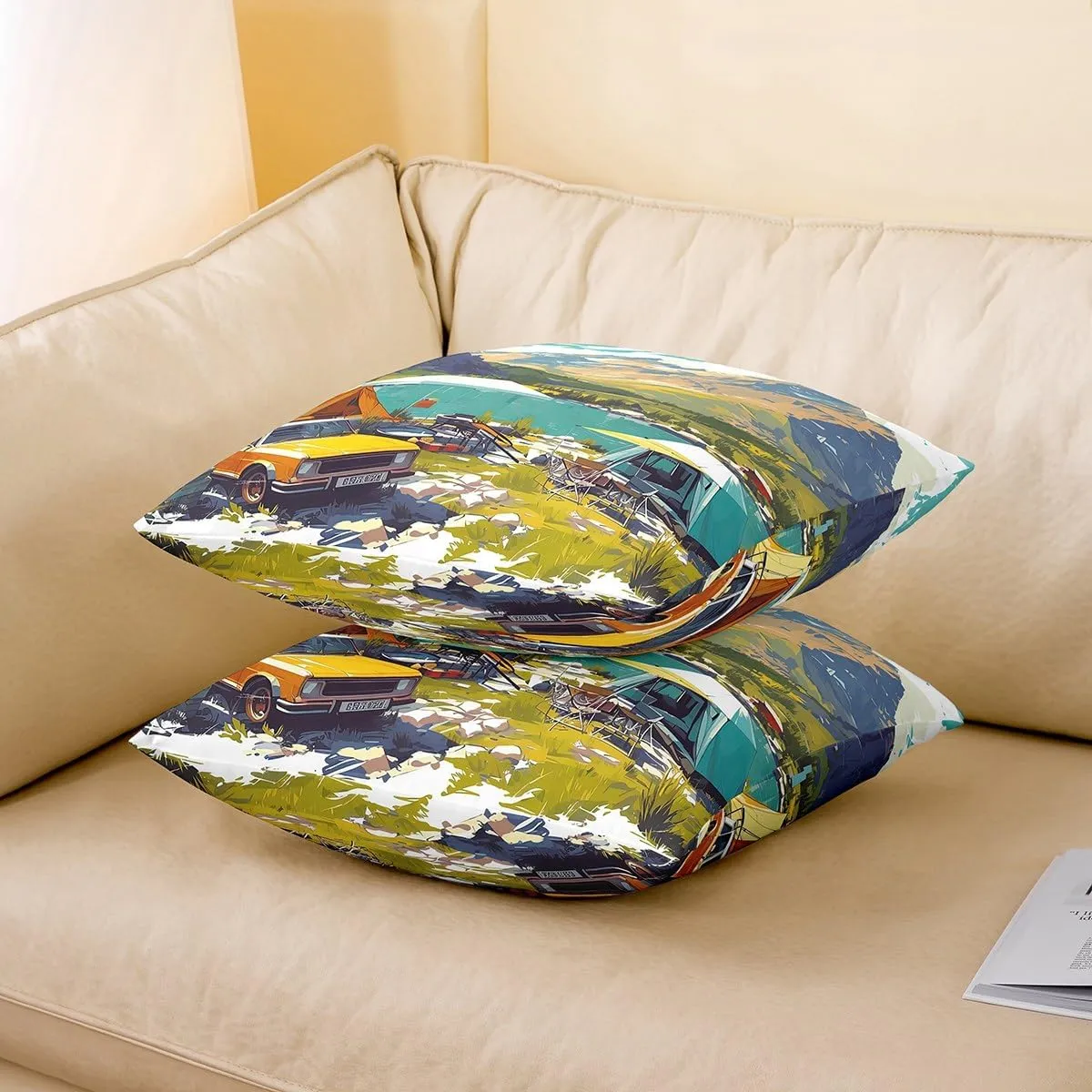 Manfei Lakeside Camping 2 Pack Pillow Covers 22"x 22",Nature Mount Lake Scene Tourism Pillowcase Soft Square Cushion Case,Watercolor Trailer Camp Tent Graffiti Throw Pillow Coverss Double Sides
