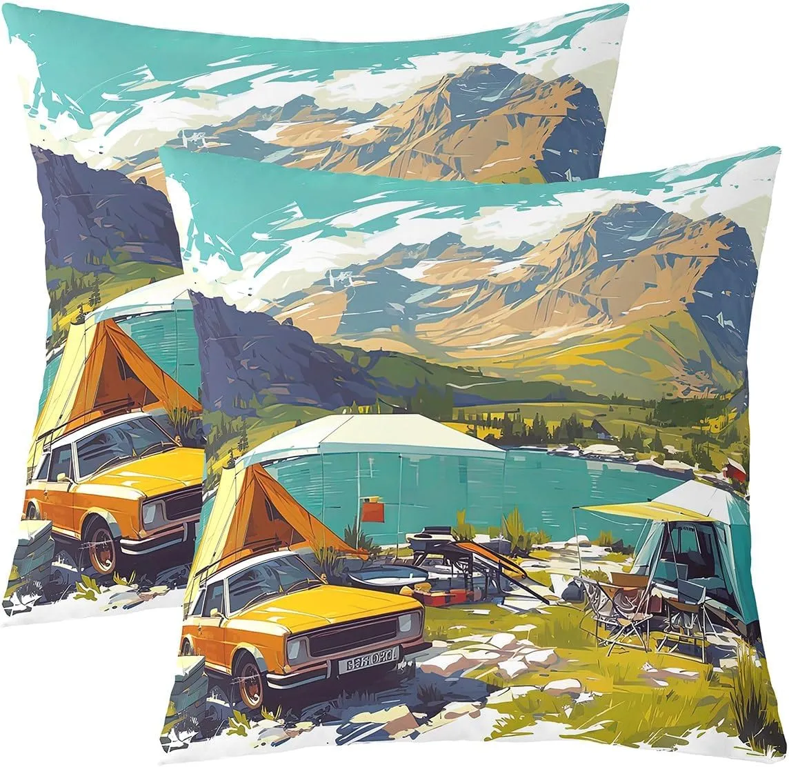 Manfei Lakeside Camping 2 Pack Pillow Covers 22"x 22",Nature Mount Lake Scene Tourism Pillowcase Soft Square Cushion Case,Watercolor Trailer Camp Tent Graffiti Throw Pillow Coverss Double Sides