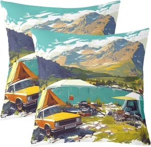 Manfei Lakeside Camping 2 Pack Pillow Covers 22"x 22",Nature Mount Lake Scene Tourism Pillowcase Soft Square Cushion Case,Watercolor Trailer Camp Tent Graffiti Throw Pillow Coverss Double Sides
