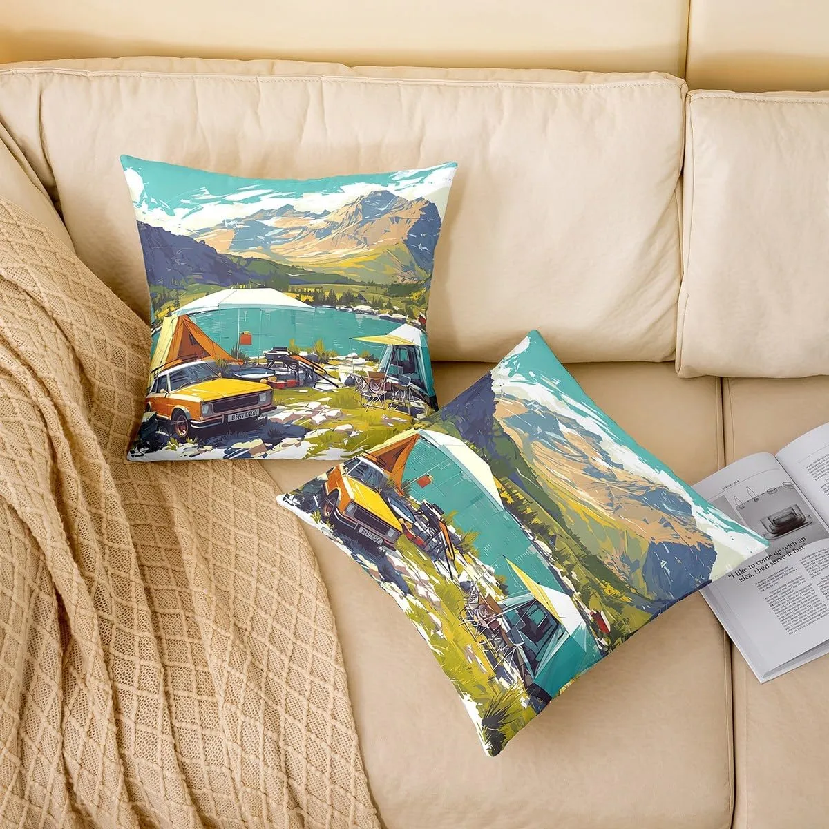 Manfei Lakeside Camping 2 Pack Pillow Covers 22"x 22",Nature Mount Lake Scene Tourism Pillowcase Soft Square Cushion Case,Watercolor Trailer Camp Tent Graffiti Throw Pillow Coverss Double Sides