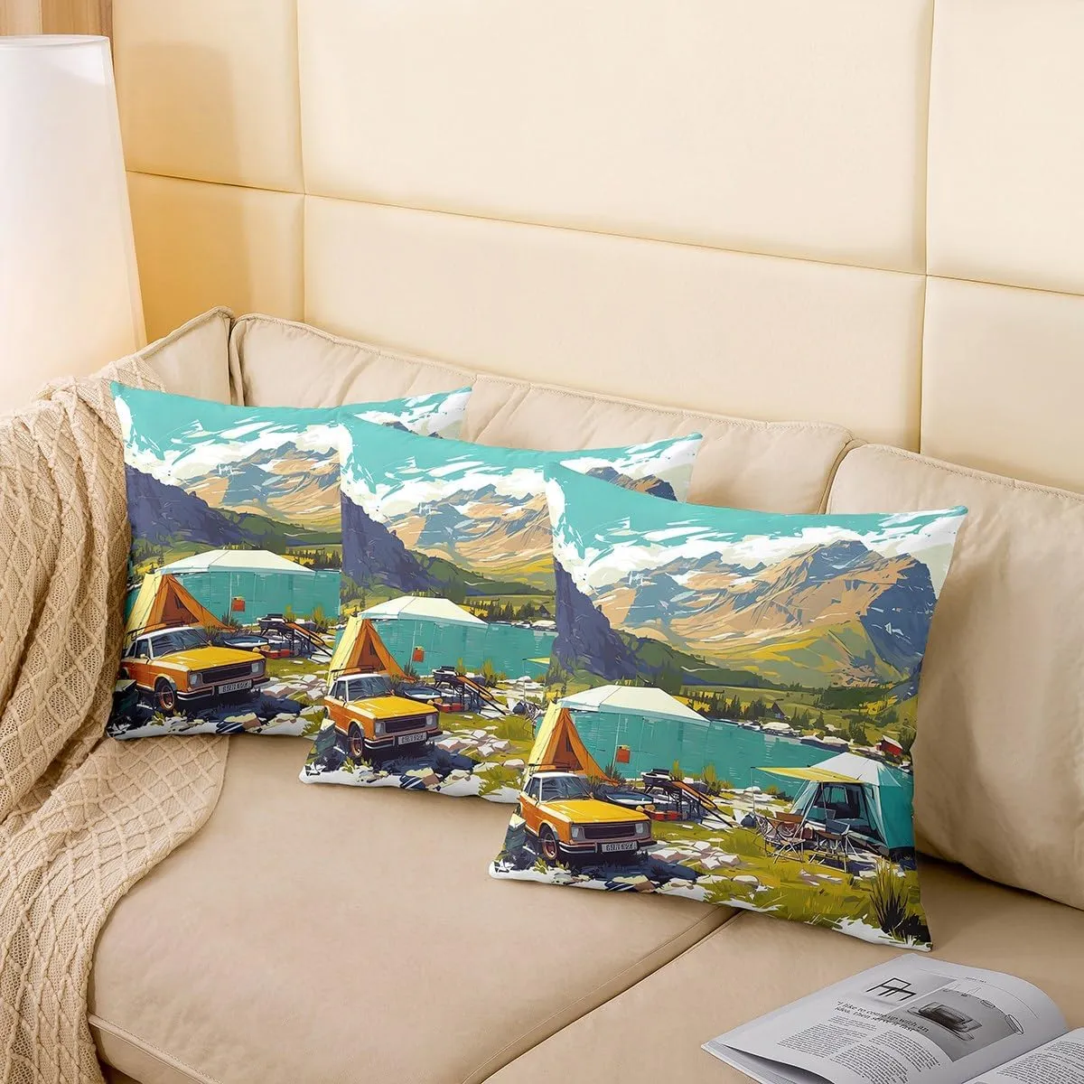 Manfei Lakeside Camping 2 Pack Pillow Covers 22"x 22",Nature Mount Lake Scene Tourism Pillowcase Soft Square Cushion Case,Watercolor Trailer Camp Tent Graffiti Throw Pillow Coverss Double Sides