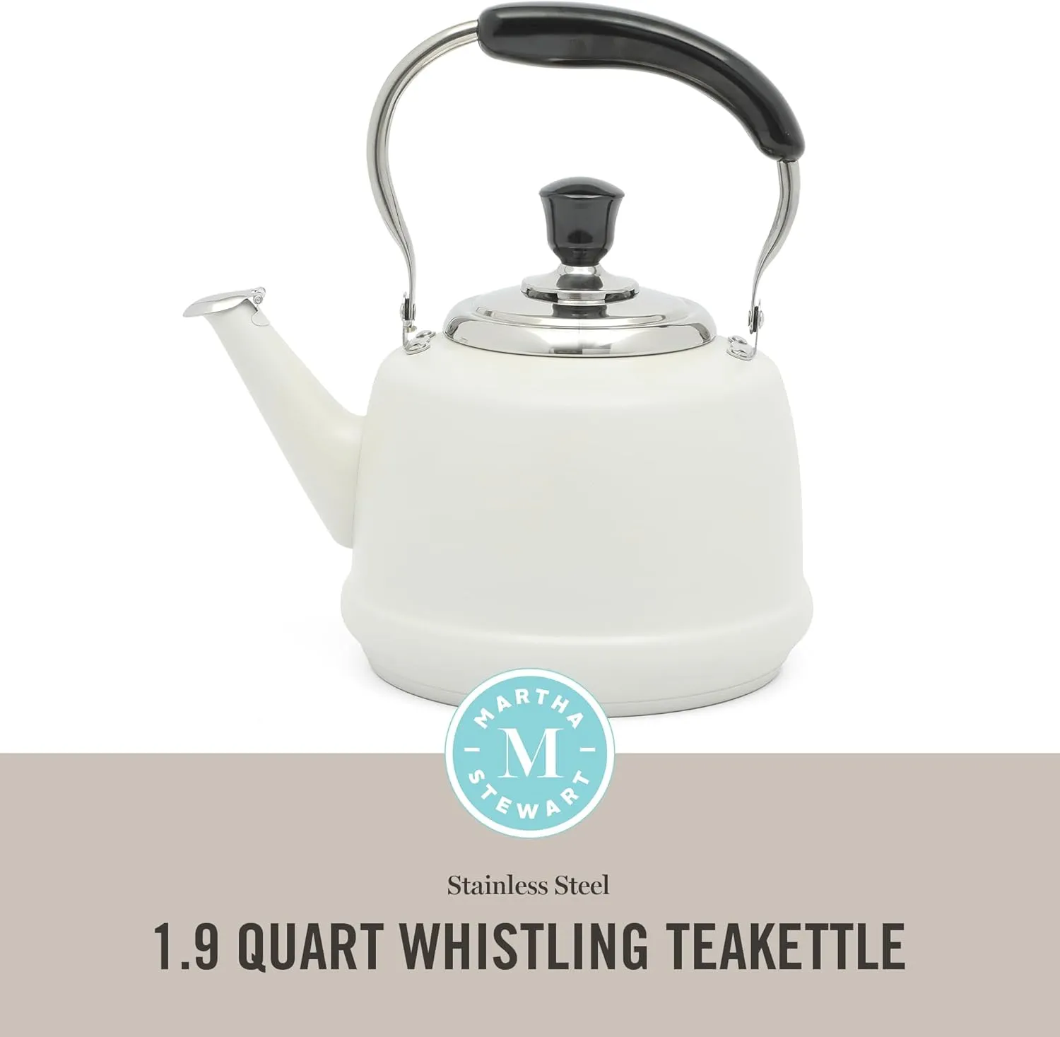 Martha Stewart Kingstree Large 2 Qt Heavy Gauge Stainless Steel Whistling Tea Kettle - Linen White Exterior