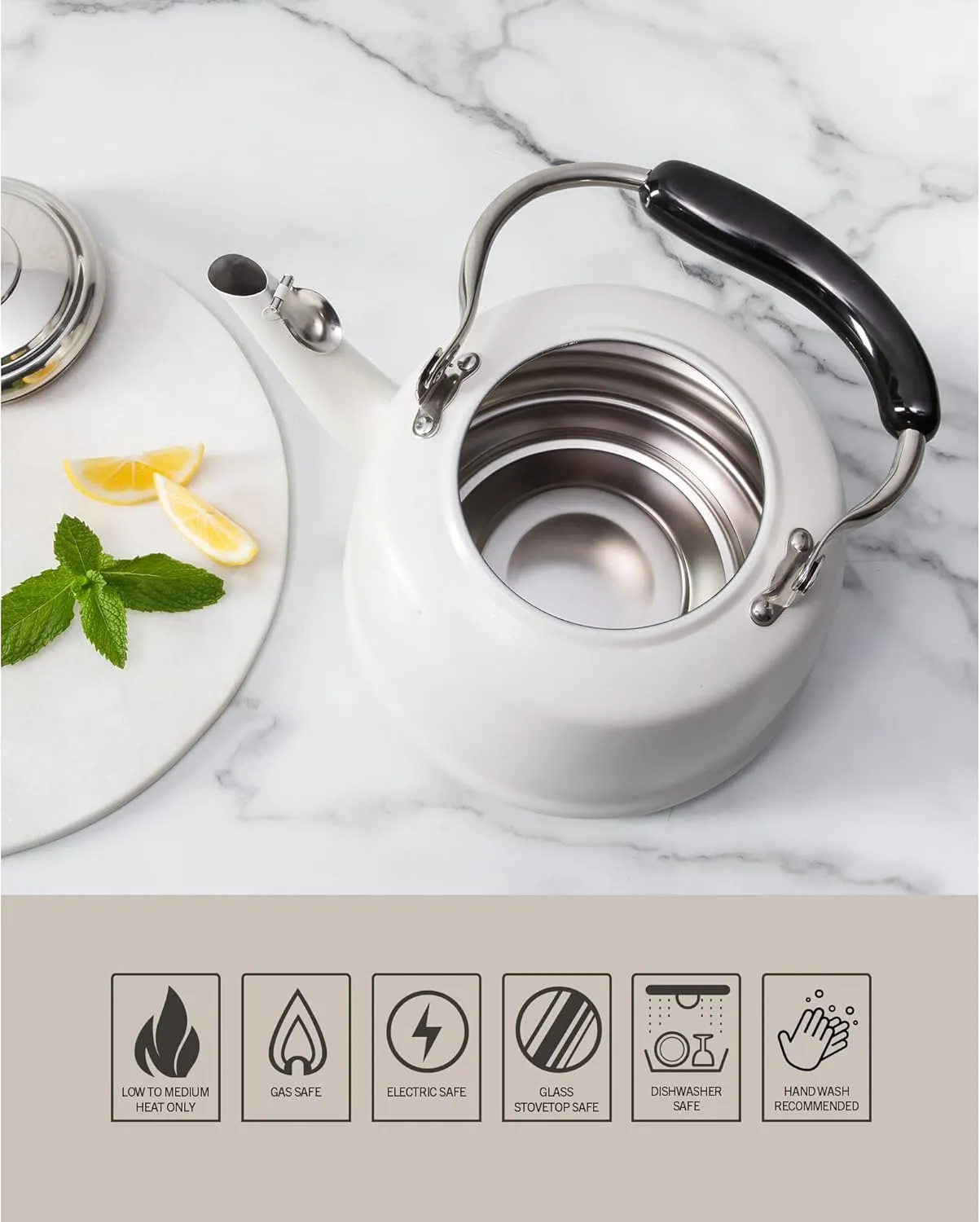 Martha Stewart Kingstree Large 2 Qt Heavy Gauge Stainless Steel Whistling Tea Kettle - Linen White Exterior