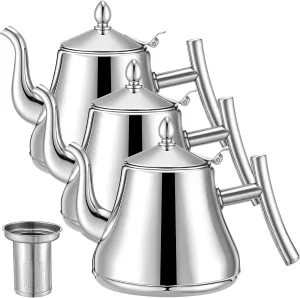 Maxdot 3 Pcs Stainless Steel Teapot with Infuser 34oz / 1l Stainless Steel Teapot Turkish Karaca Tea Kettle Sliver Metal Tea Pot for Loose Leaf Stovetop and Microwave Safe Tea Pot