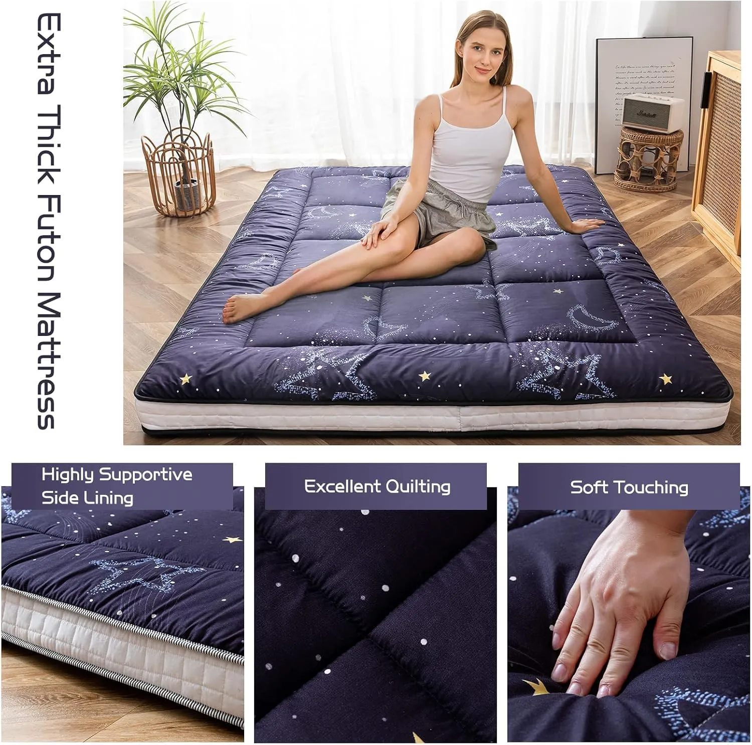 MAXYOYO Black Moon and Star Futon Mattress, Japanese Floor Mattress Quilted Bed Mattress Topper, Extra Thick Folding Sleeping Pad Breathable Floor Lounger Guest Bed for Camping Couch, Twin