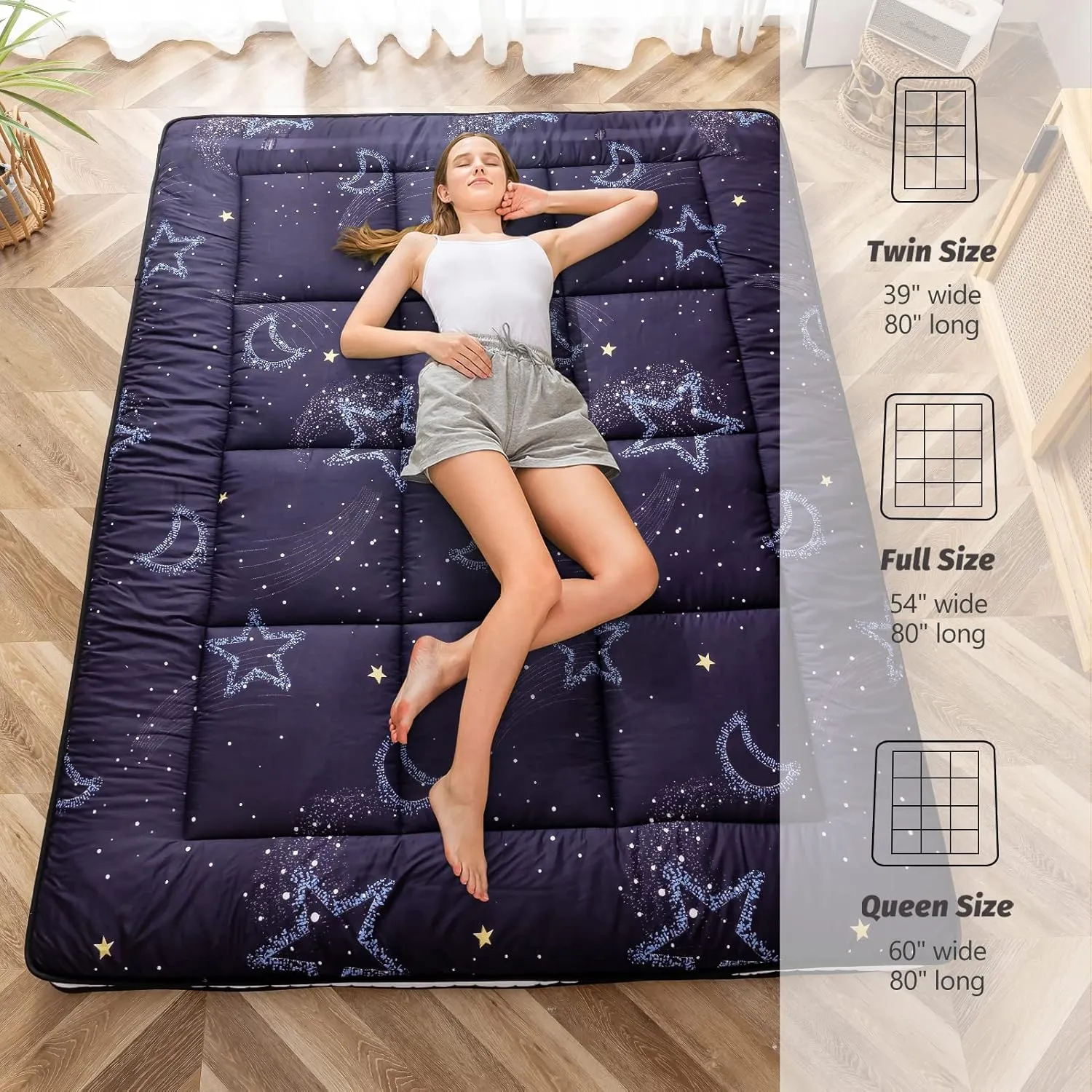 MAXYOYO Black Moon and Star Futon Mattress, Japanese Floor Mattress Quilted Bed Mattress Topper, Extra Thick Folding Sleeping Pad Breathable Floor Lounger Guest Bed for Camping Couch, Twin