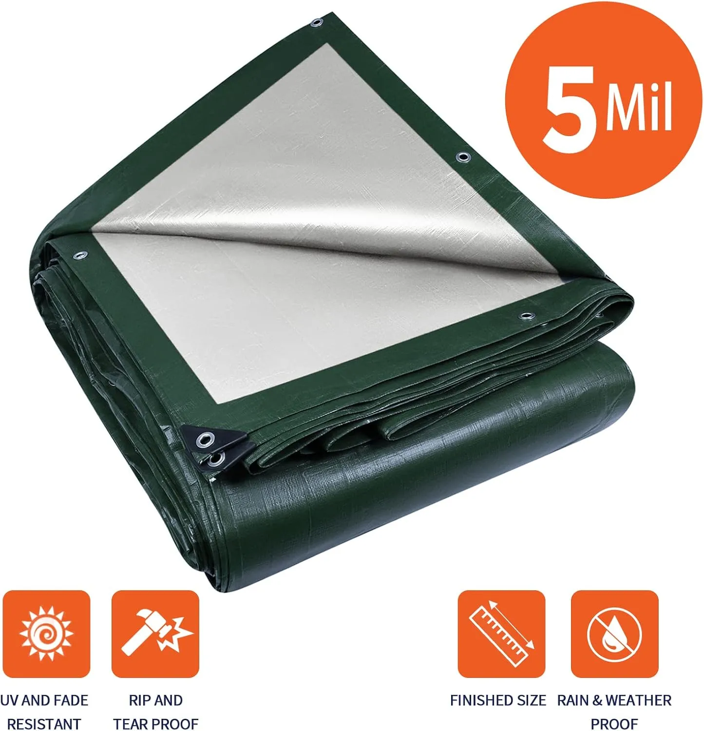 Medium Duty Waterproof 5 Mil. Reversible (Hunter Green/White) Tarp Cover, UV Resistant, Rip and Tear Proof Tarpaulin with Reinforced Edges - for Roof, Camping, Patio, Pool Cover, Boat (20'X20')