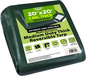 Medium Duty Waterproof 5 Mil. Reversible (Hunter Green/White) Tarp Cover, UV Resistant, Rip and Tear Proof Tarpaulin with Reinforced Edges - for Roof, Camping, Patio, Pool Cover, Boat (20'X20')