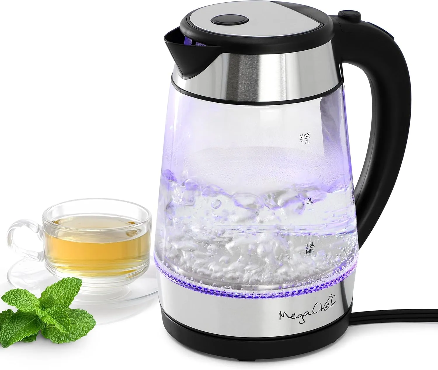 MegaChef Electric Watter Boiler/Tea Kettle (Glass, 1.7 Quart, Silver)