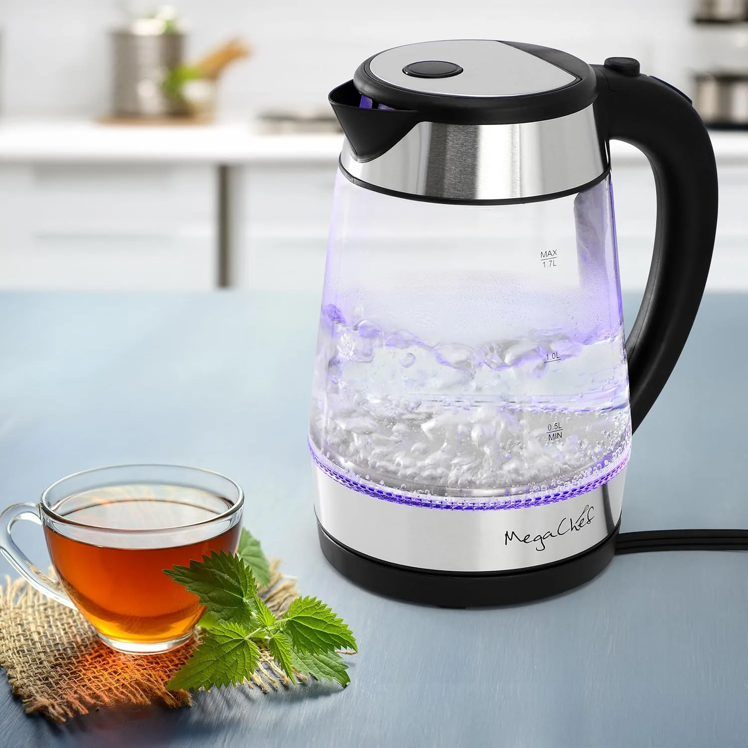 MegaChef Electric Watter Boiler/Tea Kettle (Glass, 1.7 Quart, Silver)