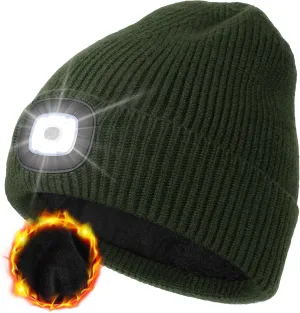 MELASA Winter Fleece Lined LED Beanie, USB Rechargeable Hand Free Warm Hat with Light Built in, Gifts for Men Dad Husband Him