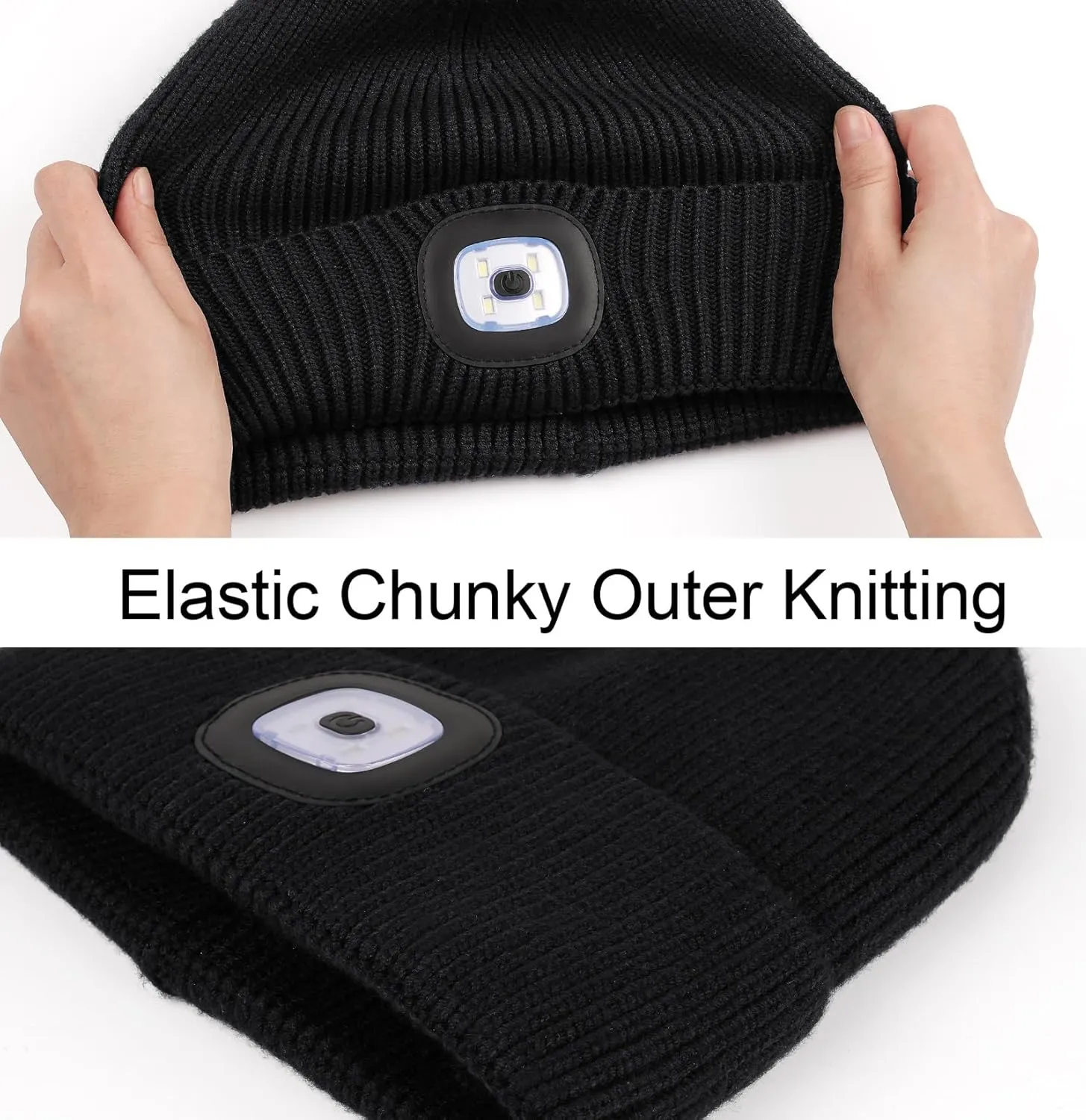 MELASA Winter Fleece Lined LED Beanie, USB Rechargeable Hand Free Warm Hat with Light Built in, Gifts for Men Dad Husband Him