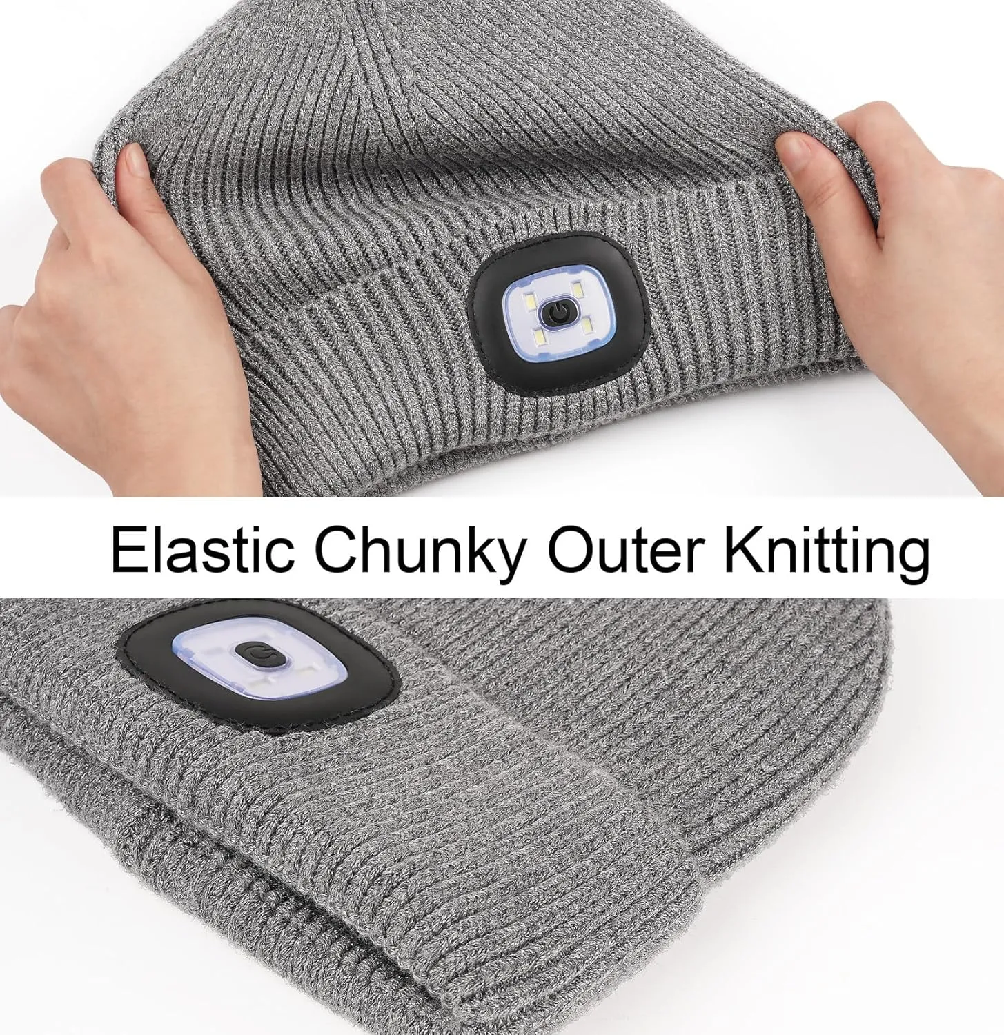 MELASA Winter Fleece Lined LED Beanie, USB Rechargeable Hand Free Warm Hat with Light Built in, Gifts for Men Dad Husband Him