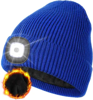 MELASA Winter Fleece Lined LED Beanie, USB Rechargeable Hand Free Warm Hat with Light Built in, Gifts for Men Dad Husband Him