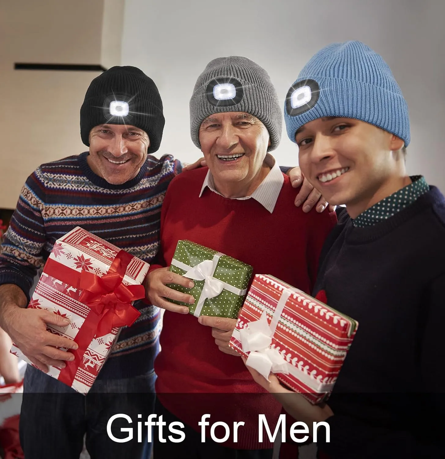MELASA Winter Fleece Lined LED Beanie, USB Rechargeable Hand Free Warm Hat with Light Built in, Gifts for Men Dad Husband Him
