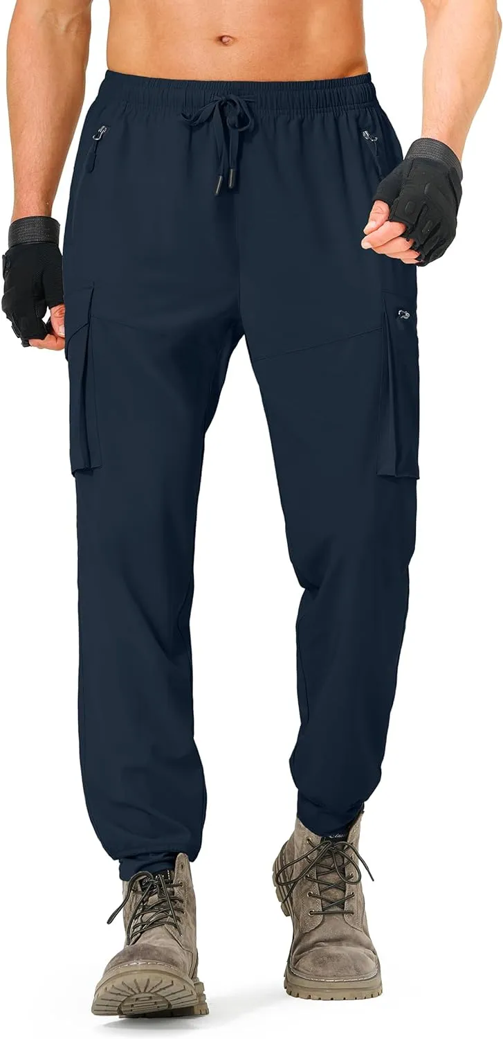 Men's Hiking Pants Cargo Lightweight Quick Dry Elastic Waist Golf Joggers with Zipper Pockets Water Resistant