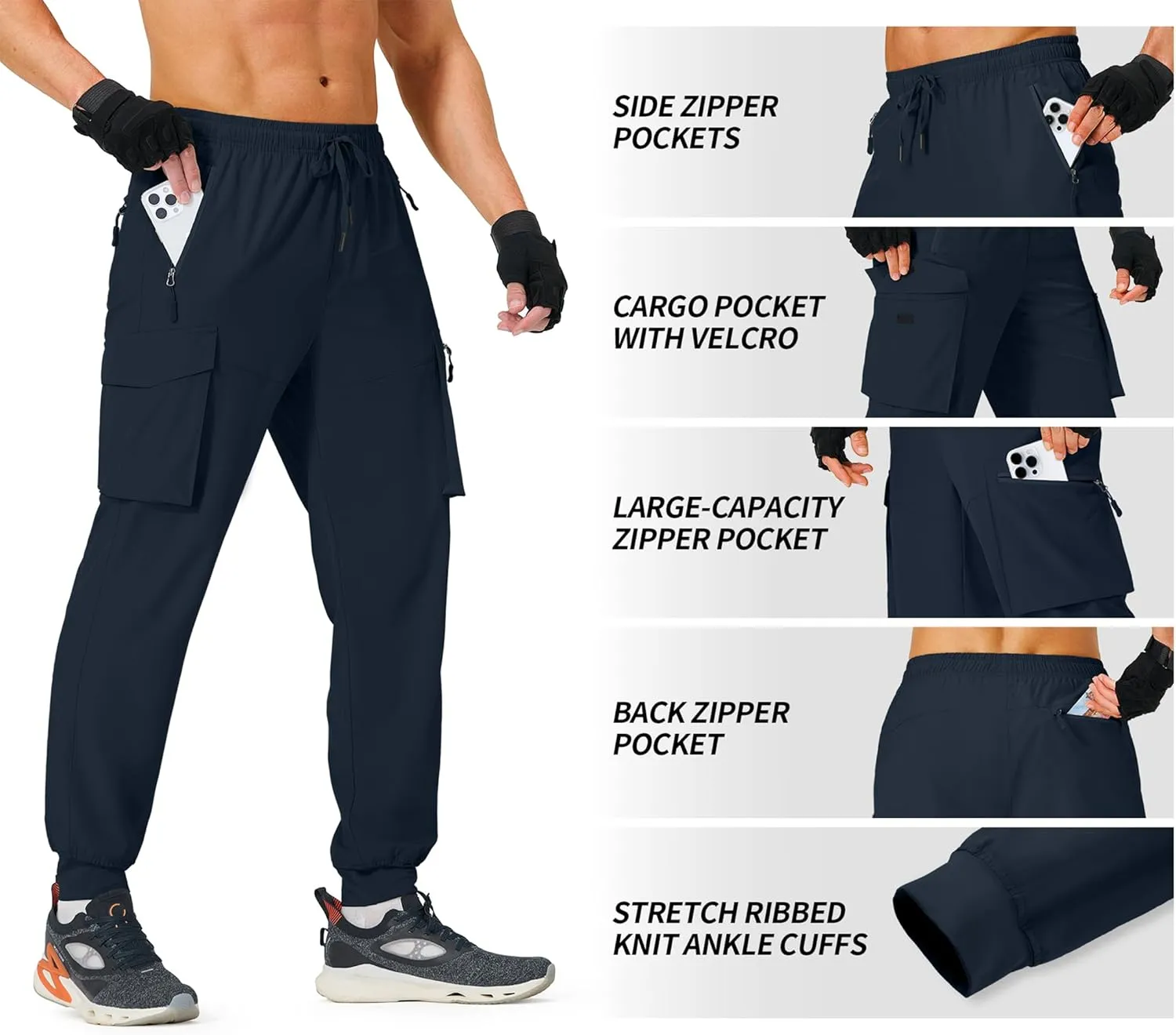 Men's Hiking Pants Cargo Lightweight Quick Dry Elastic Waist Golf Joggers with Zipper Pockets Water Resistant