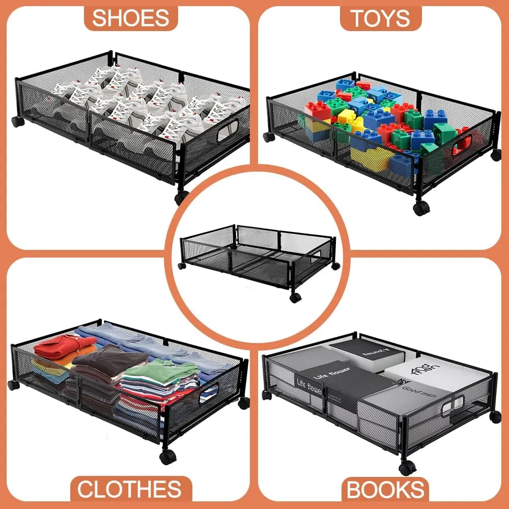 Metal Under Bed Storage Containers With Wheels and Handles, Large Underbed Storage Bins Foldable Space-saving Under Bed Drawer Shoe Storage Organizer on Wheels for Clothes,Shoes(2 Pack, Black)