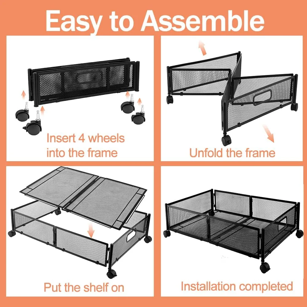 Metal Under Bed Storage Containers With Wheels and Handles, Large Underbed Storage Bins Foldable Space-saving Under Bed Drawer Shoe Storage Organizer on Wheels for Clothes,Shoes(2 Pack, Black)