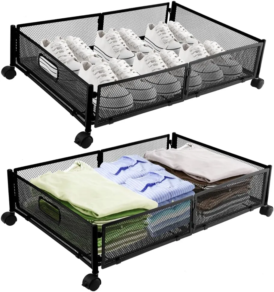Metal Under Bed Storage Containers With Wheels and Handles, Large Underbed Storage Bins Foldable Space-saving Under Bed Drawer Shoe Storage Organizer on Wheels for Clothes,Shoes(2 Pack, Black)