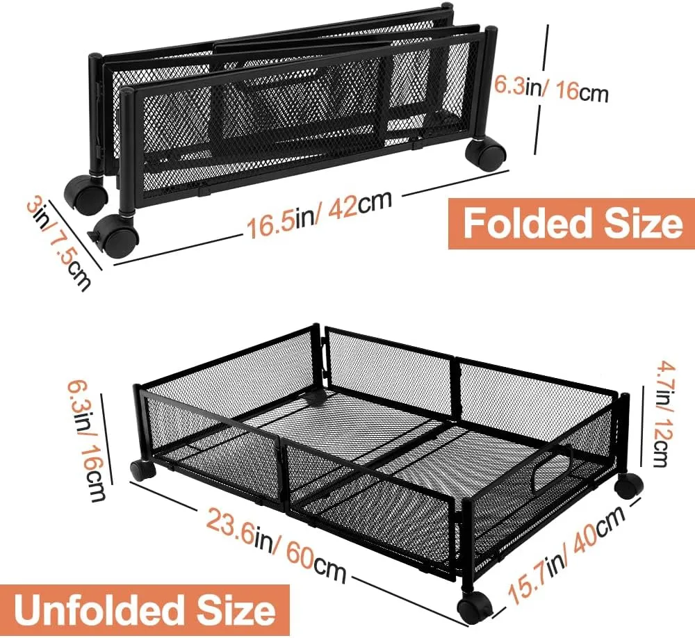 Metal Under Bed Storage Containers With Wheels and Handles, Large Underbed Storage Bins Foldable Space-saving Under Bed Drawer Shoe Storage Organizer on Wheels for Clothes,Shoes(2 Pack, Black)