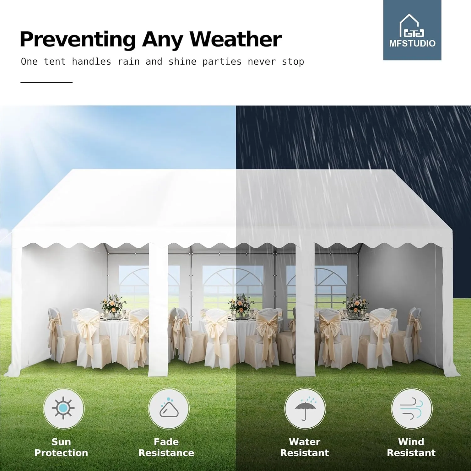 MFSTUDIO 16'x20' Party Tent, Outdoor Heavy Duty Party Tents with Removable Sidewalls, Large Canopy Tent Shelter for Outdoor Events Wedding Birthday, White