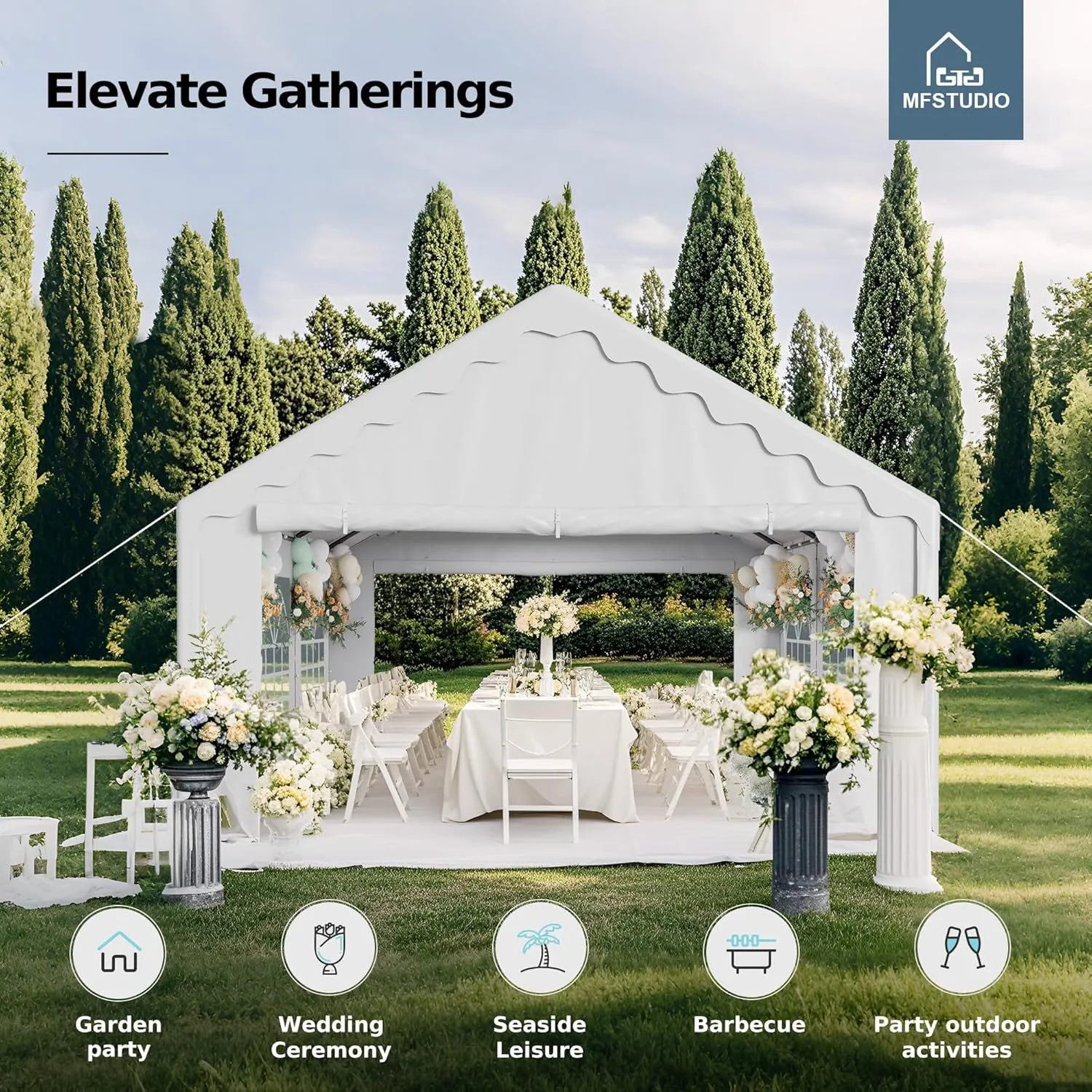 MFSTUDIO 16'x20' Party Tent, Outdoor Heavy Duty Party Tents with Removable Sidewalls, Large Canopy Tent Shelter for Outdoor Events Wedding Birthday, White